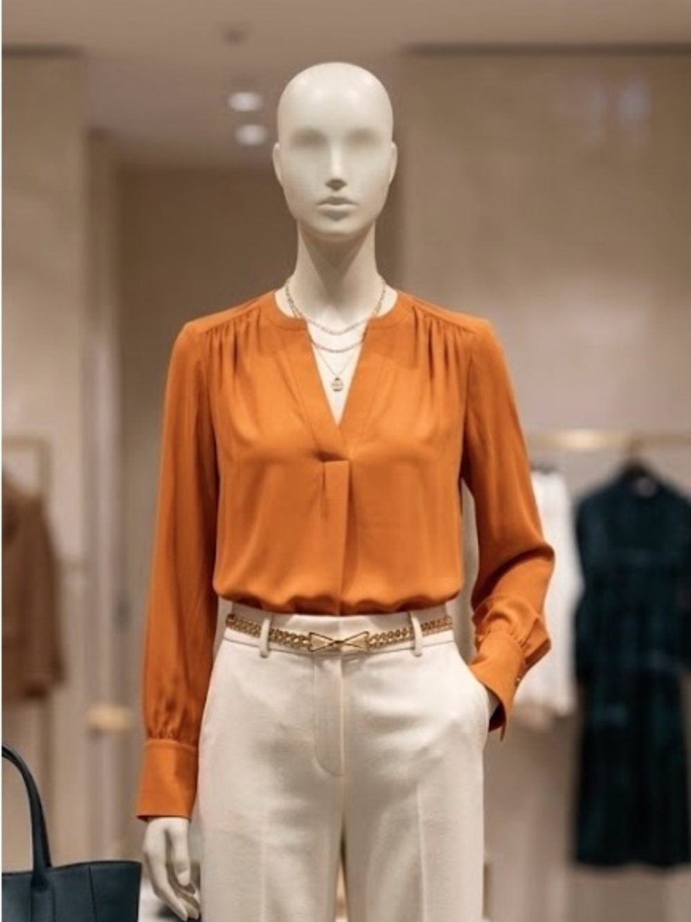 Calvin Klein Burnt Orange V-Neck Pleated Cuff Sleeve Blouse Size PL